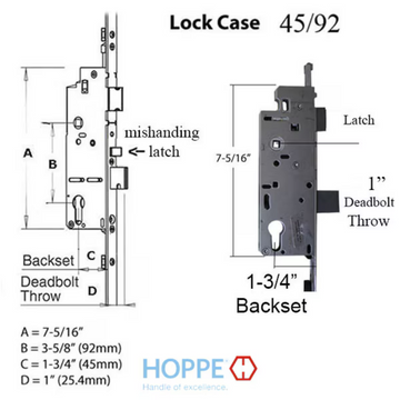 HOPPE 3-POINT MULTIPOINT LOCK, DOOR HEIGHTS 82.52"- 86.46", 1-3/4" BACKSET, SHOOTBOLT VERSION